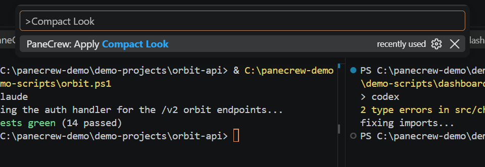 The VS Code command palette open on 'PaneCrew: Apply Compact Look', which hides the status bar and minimap to make room for more panes