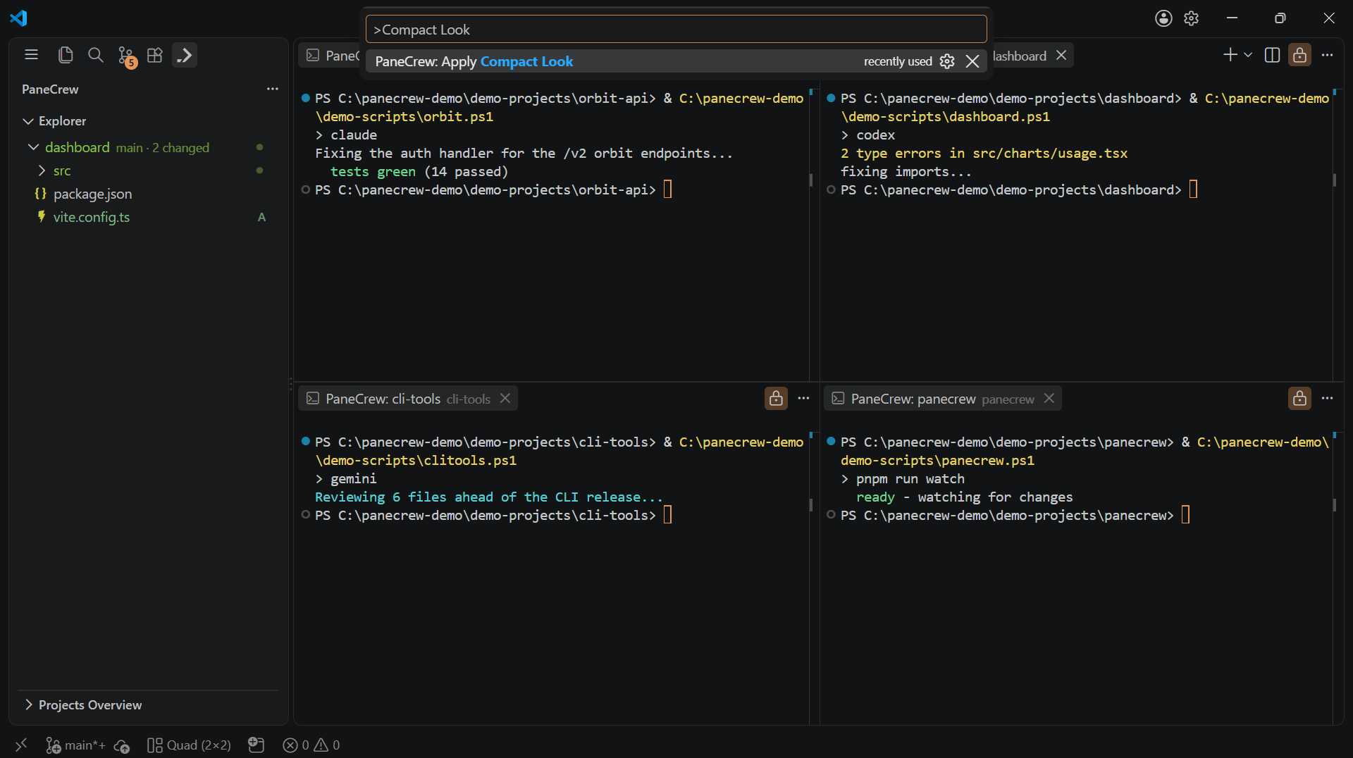 The command palette open on 'PaneCrew: Apply Compact Look', with panecrew.compactLook.hideStatusBar and panecrew.compactLook.hideMinimap controlling what it hides