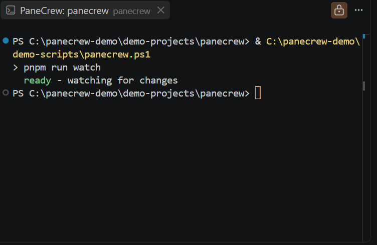 A real PaneCrew terminal pane titled 'PaneCrew: panecrew' running pnpm run watch on the extension's own source — PaneCrew being developed inside PaneCrew