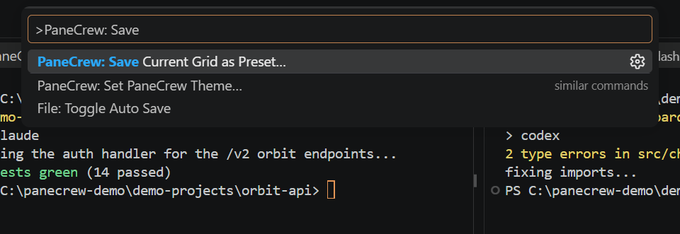 The VS Code command palette open on 'PaneCrew: Save Current Grid as Preset...'