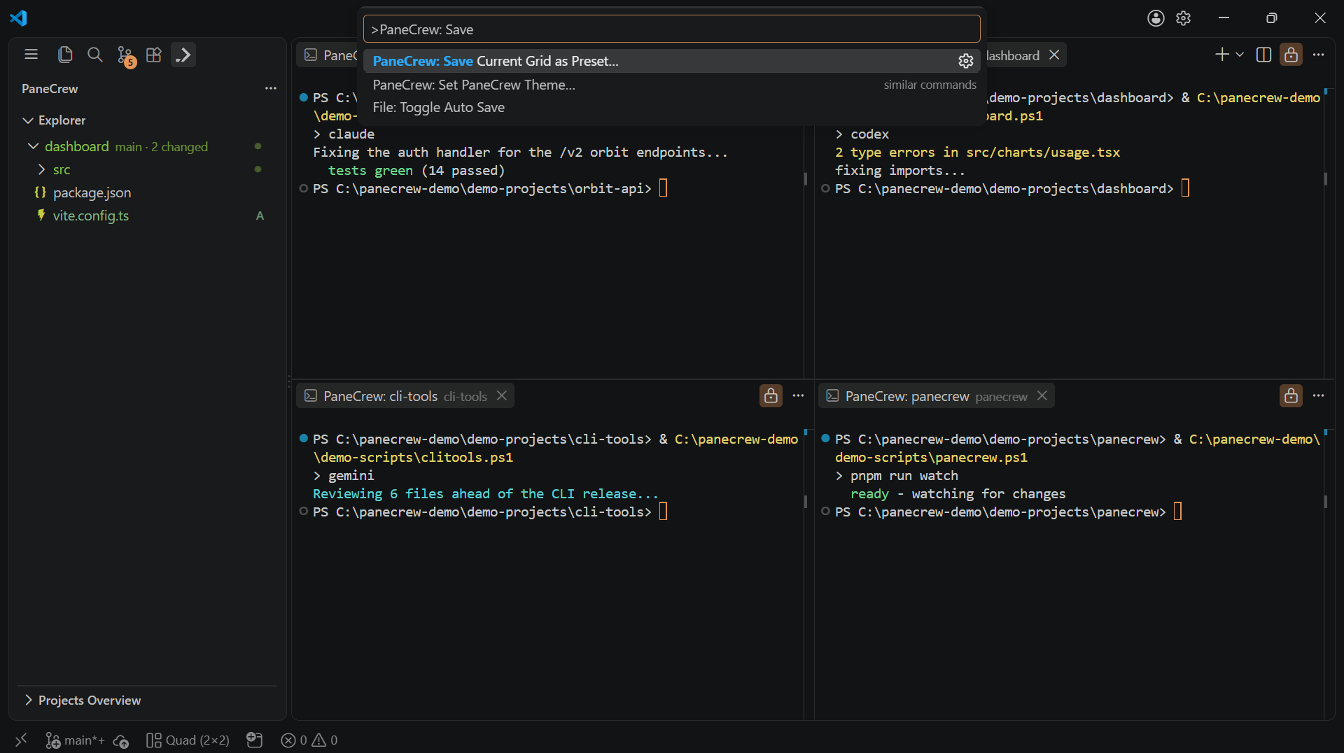 The VS Code command palette open on 'PaneCrew: Save Current Grid as Preset...', one of the commands from the table below