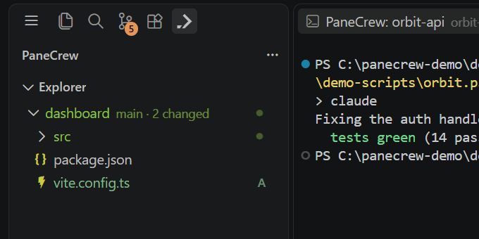 The PaneCrew explorer in the activity bar switched to show the dashboard project's file tree, because the dashboard terminal pane is the one currently focused